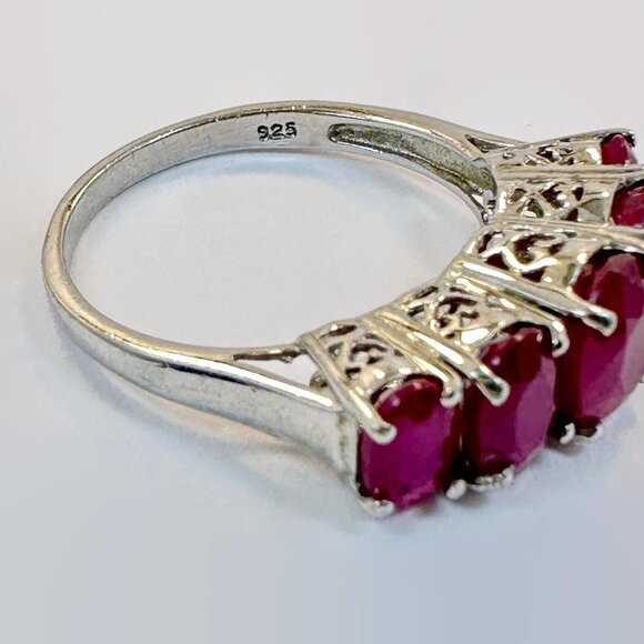 Vintage Ruby Ring Sterling Silver: Ring Band Stackable Red Stone 5 Stone Ring - Picture 3 of 7